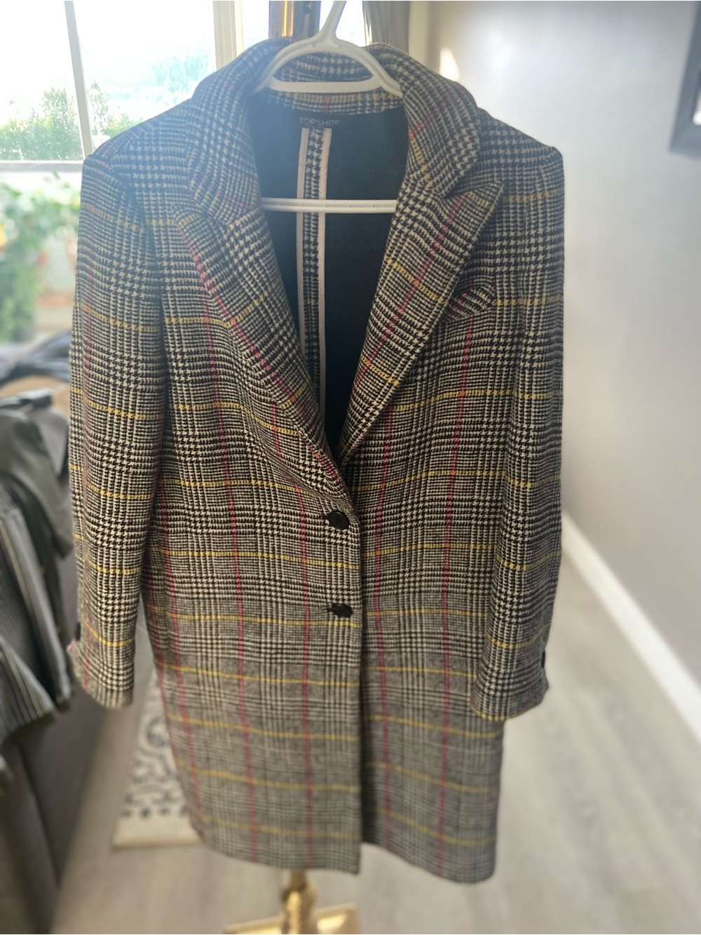Topshop Plaid Single-Breasted Trench Coat in Black, Gray and Red